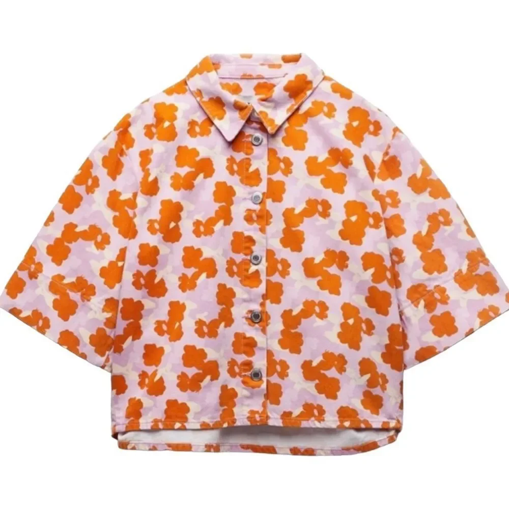 Zara Top Denim Shirt Connie Floral Oversized Button Size XS • BLOGGER FAVORITE •